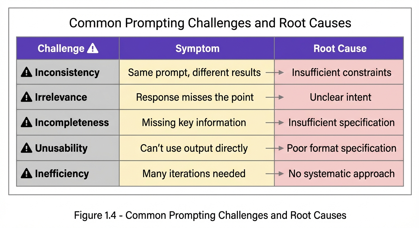Diagnostic table showing five common prompting challenges with their symptoms and root causes: Inconsistency (variable results from insufficient constraints), Irrelevance (missed point from unclear intent), Incompleteness (missing info from insufficient specification), Unusability (output not directly usable from poor format), and Inefficiency (many iterations from no systematic approach).