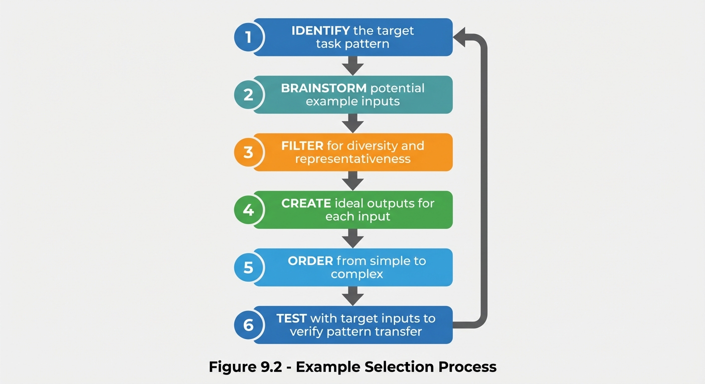 Vertical six-step process flow for selecting few-shot examples. Step 1 IDENTIFY (blue): Target task pattern. Step 2 BRAINSTORM (teal): Potential example inputs. Step 3 FILTER (orange): Diversity and representativeness. Step 4 CREATE (green): Ideal outputs for each input. Step 5 ORDER (info blue): From simple to complex. Step 6 TEST (blue): With target inputs to verify pattern transfer. Each step connected by arrows showing sequential flow.