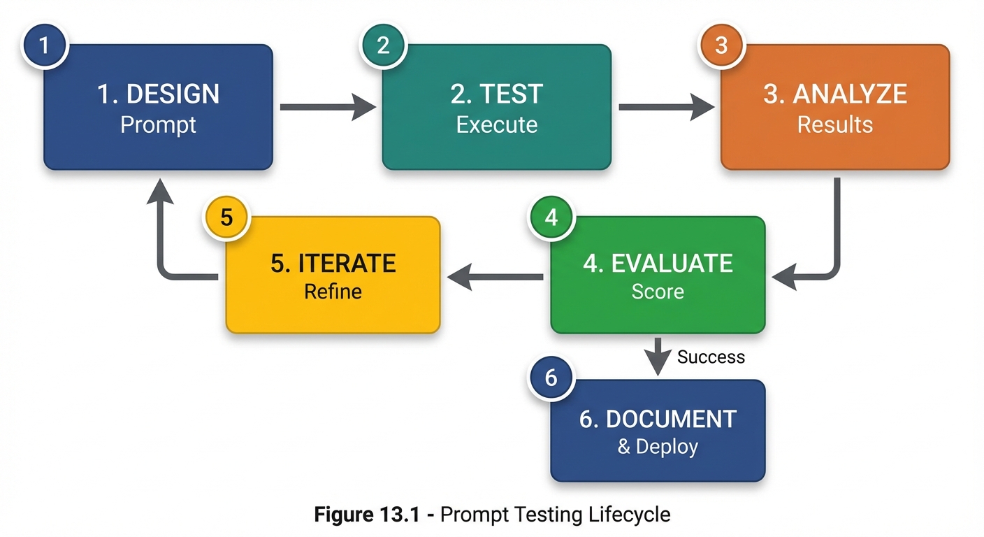 Six-stage circular workflow showing prompt testing lifecycle. Top row flows left to right: 1. DESIGN (blue) for creating prompt, to 2. TEST (teal) for execution, to 3. ANALYZE (orange) for reviewing results. Middle shows 4. EVALUATE (green) for scoring connects to 5. ITERATE (yellow) for refinement which loops back to DESIGN. Exit path from ITERATE leads to 6. DOCUMENT & Deploy (dark blue) at bottom. Arrows show clockwise flow with iteration loop emphasized.